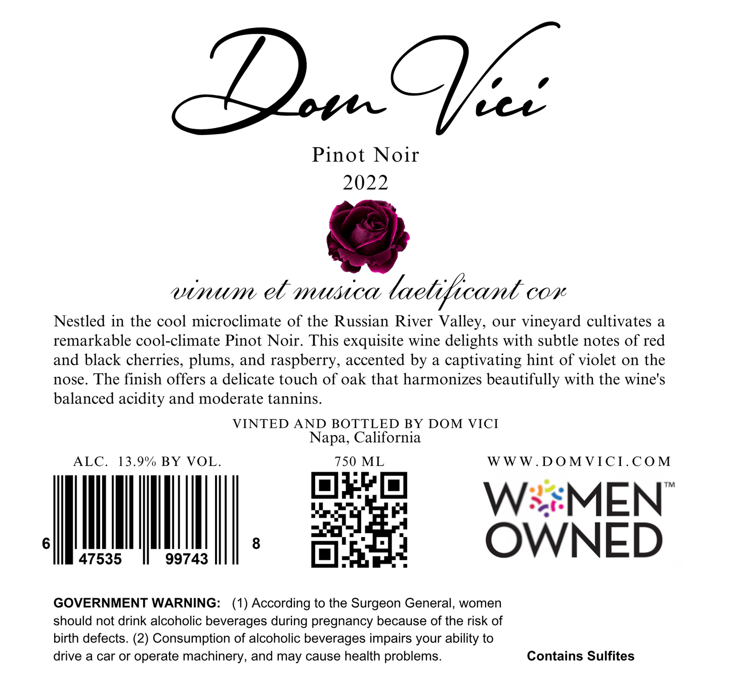 Dom Vici Pinot Noir back label — cool-climate California red wine