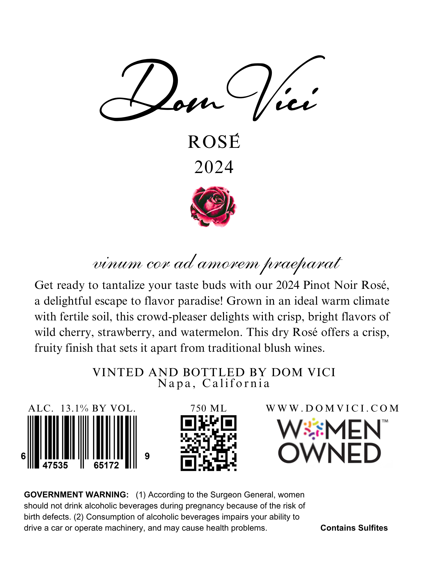 Dom Vici Rosé back label — Napa Valley California Pinot Noir Rosé
