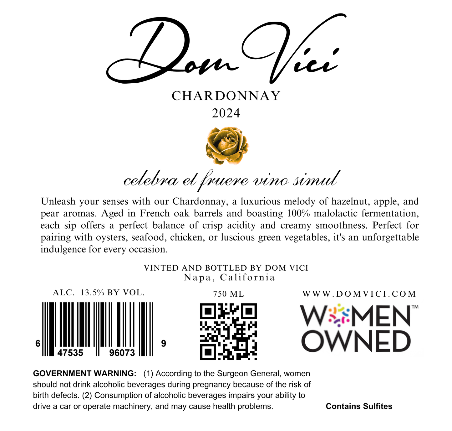 Dom Vici Chardonnay back label — Russian River Valley vineyard and tasting notes